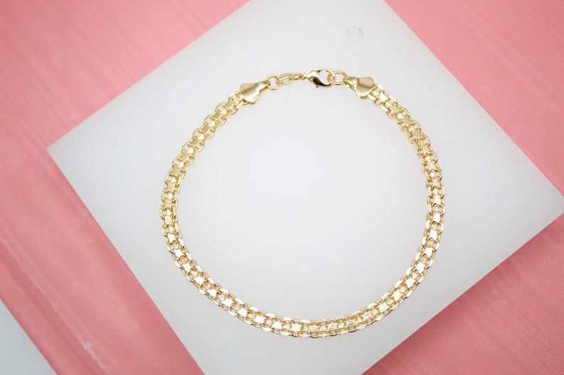 18K Gold Filled Double Solid Rolo Round Link Bracelet Chain (I156)-0
