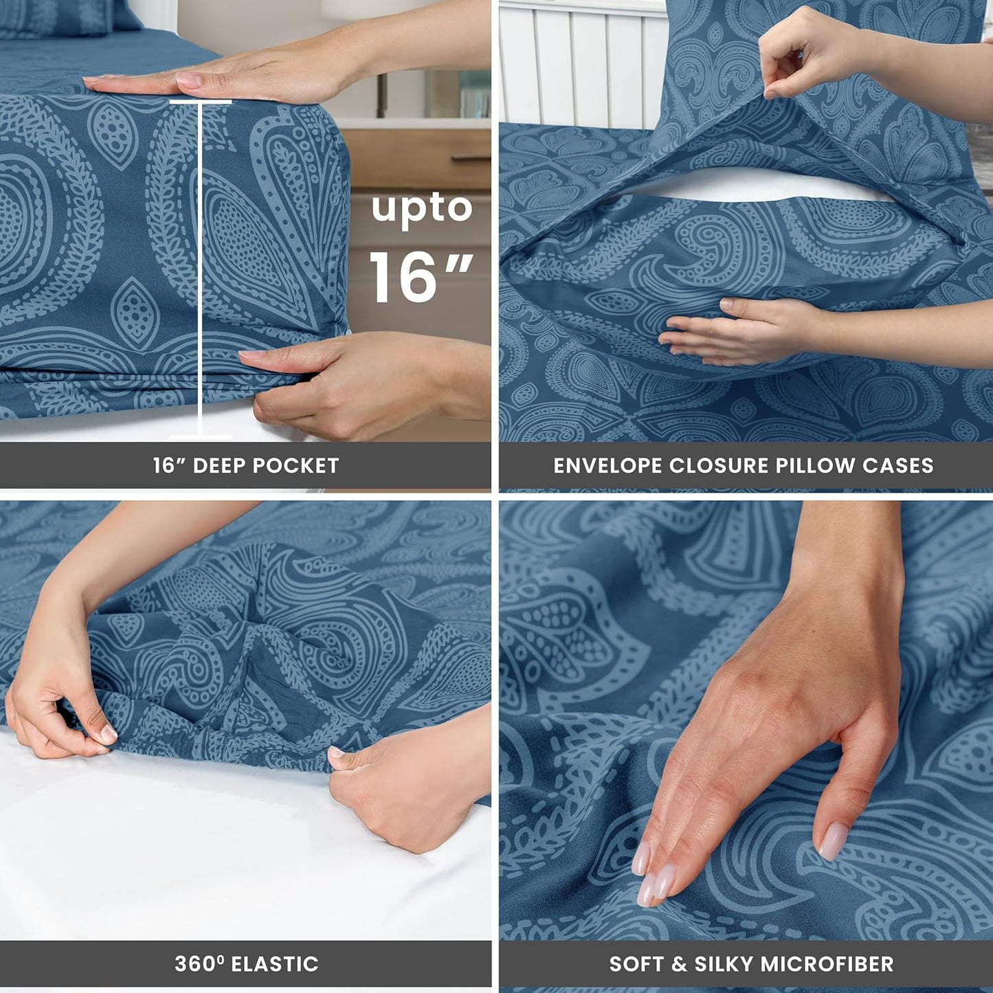 LUX Décor Paisley Queen Sheet Set – 6 Piece Ultra-Soft Microfiber Bed Sheets with Flat Sheet, 16 Inches Deep Pocket Fitted Sheet & 4 Pillowcases, Breathable, Bedroom Decor, Oeko-Tex – Navy Blue