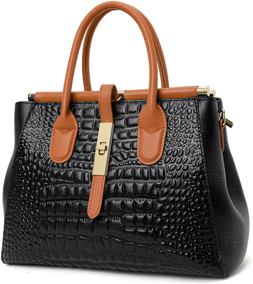 Genuine Leather Crocodile Print Handbag - Large Capacity, Detachable Strap, Color-Blocked, Women'S Cross-Body Tote