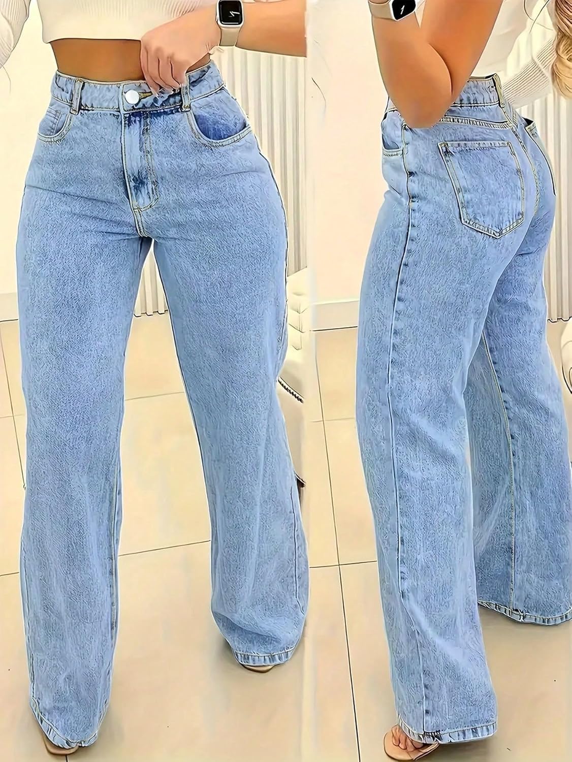 Jeans for Women Trendy Straight Wide Leg Denim Pants Vintage wash Boyfriend Casual Pockets Loose Jeans