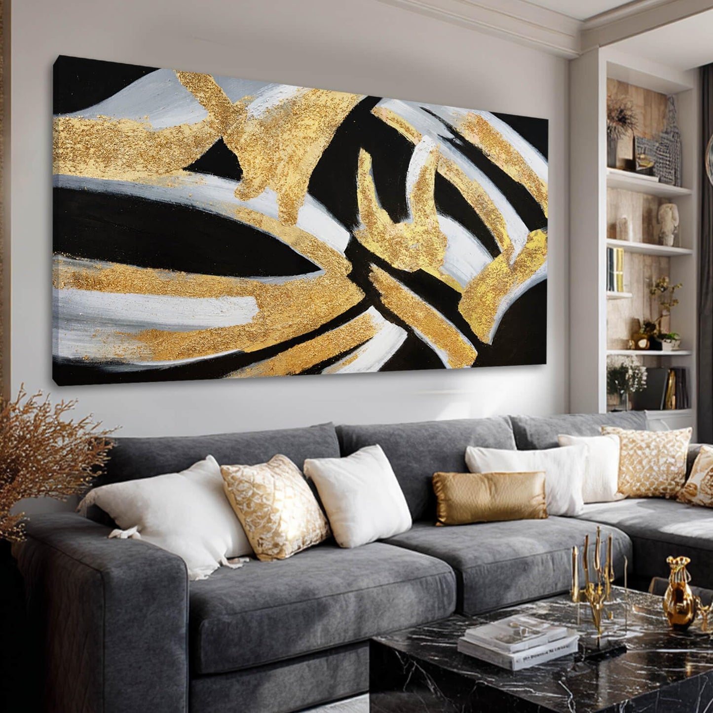 Kureful Abstract Wall Paintings Simple Canvas Wall Art Gold Wall Decor 29"x58" Large Pictures for Living Room Office Decorations