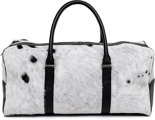 Luxurious Cowhide Duffel Bag for Men's and Women's - Large Size Unisex Travel Duffle Bag, Unique Leather Gym Bag Weekender Overnight Premium Quality Cow Hair on Duffle (White)