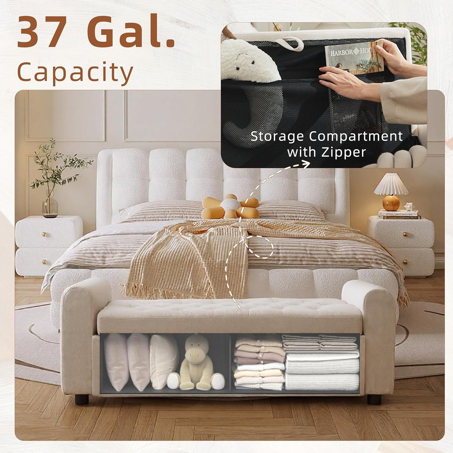 48" Ottoman with Storage, Tufted Storage Ottoman Bench, Convenient Living Room Fabrics Bench Seat, Entryway Shoe Benches with Inner Zipper & Arm, Rivetless Upholstered Window Seat Ottomans, Beige