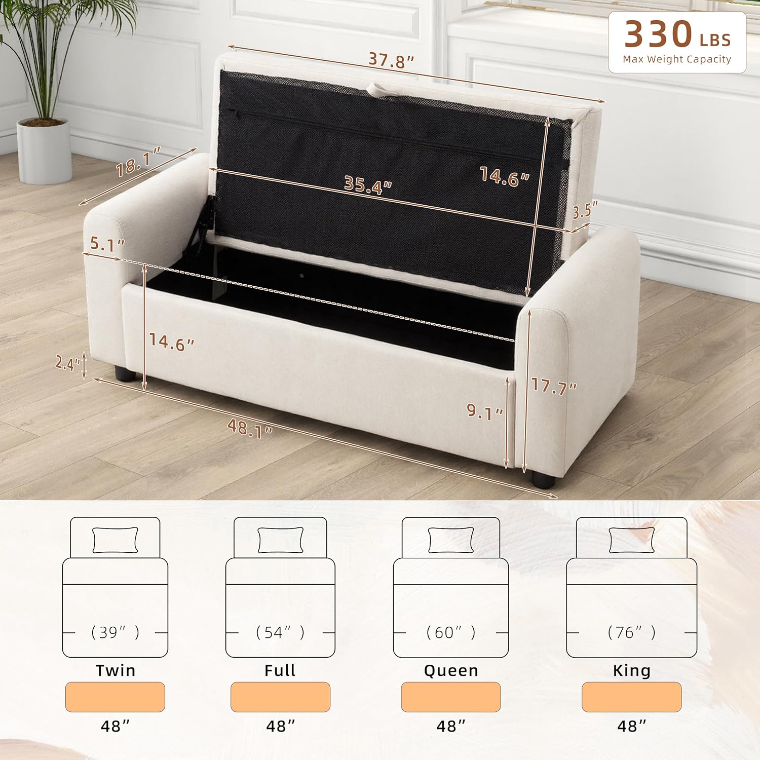 48" Ottoman with Storage, Tufted Storage Ottoman Bench, Convenient Living Room Fabrics Bench Seat, Entryway Shoe Benches with Inner Zipper & Arm, Rivetless Upholstered Window Seat Ottomans, Beige