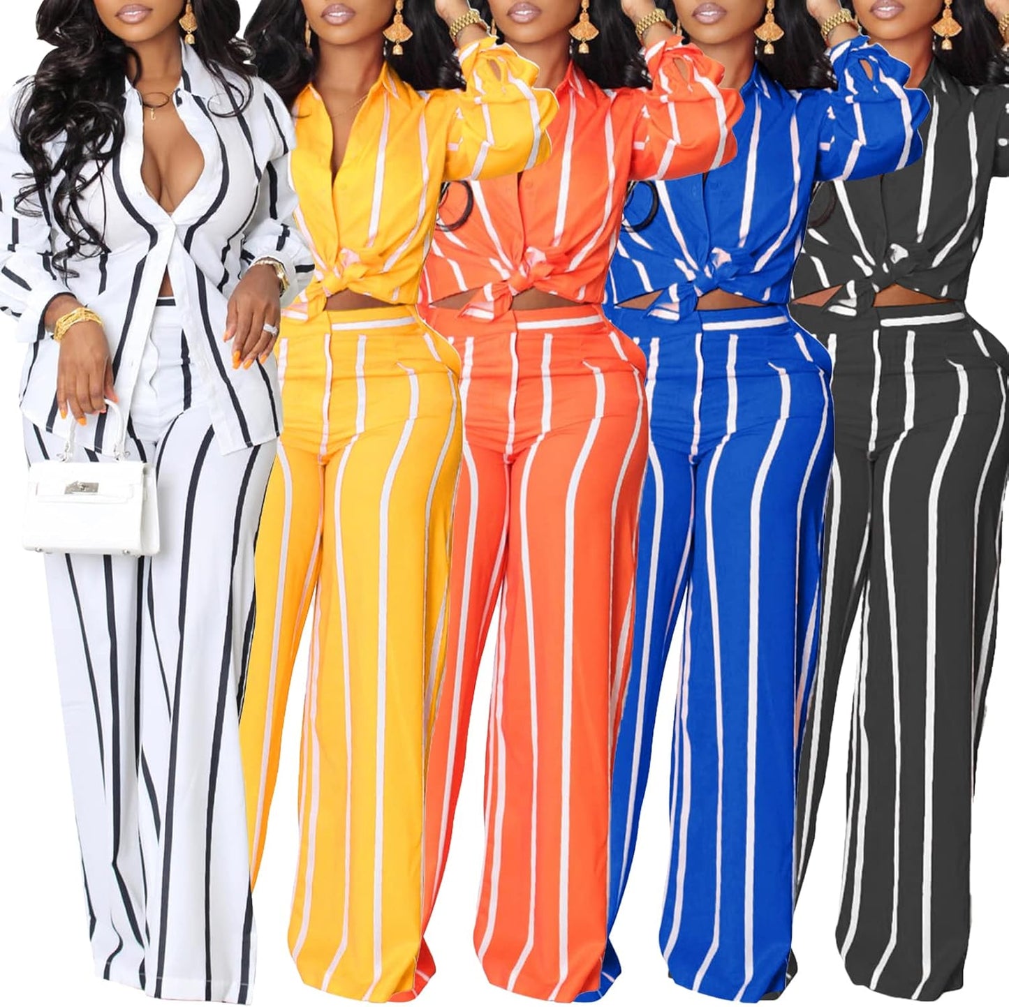 Elainone Women's 2 Piece Outfits Stripe Long Sleeve Button Down Shirt Wide Leg Long Pants with Pockets