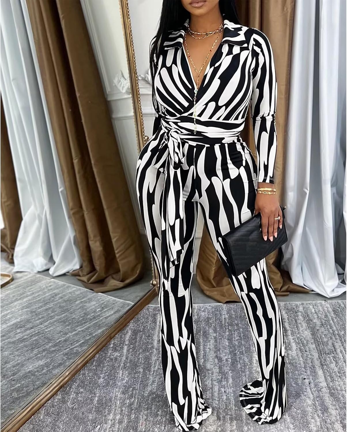 Ophestin Women 2 Piece Outfits V Neck Striped Print Long Sleeve Wrap Top Bodycon Flare Leggings Set Tracksuits Jumpsuit