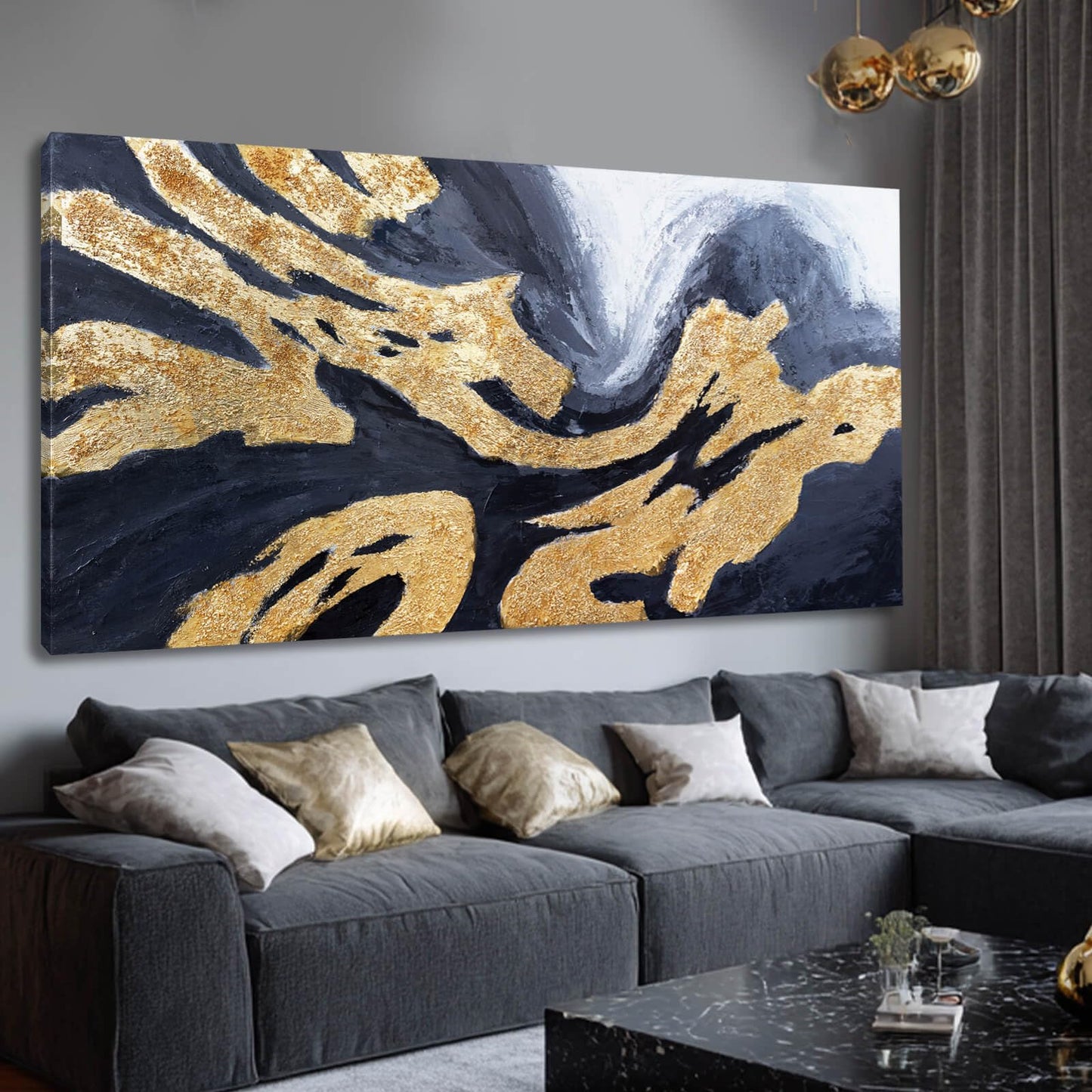 Kureful Abstract Wall Paintings Simple Canvas Wall Art Gold Wall Decor 29"x58" Large Pictures for Living Room Office Decorations