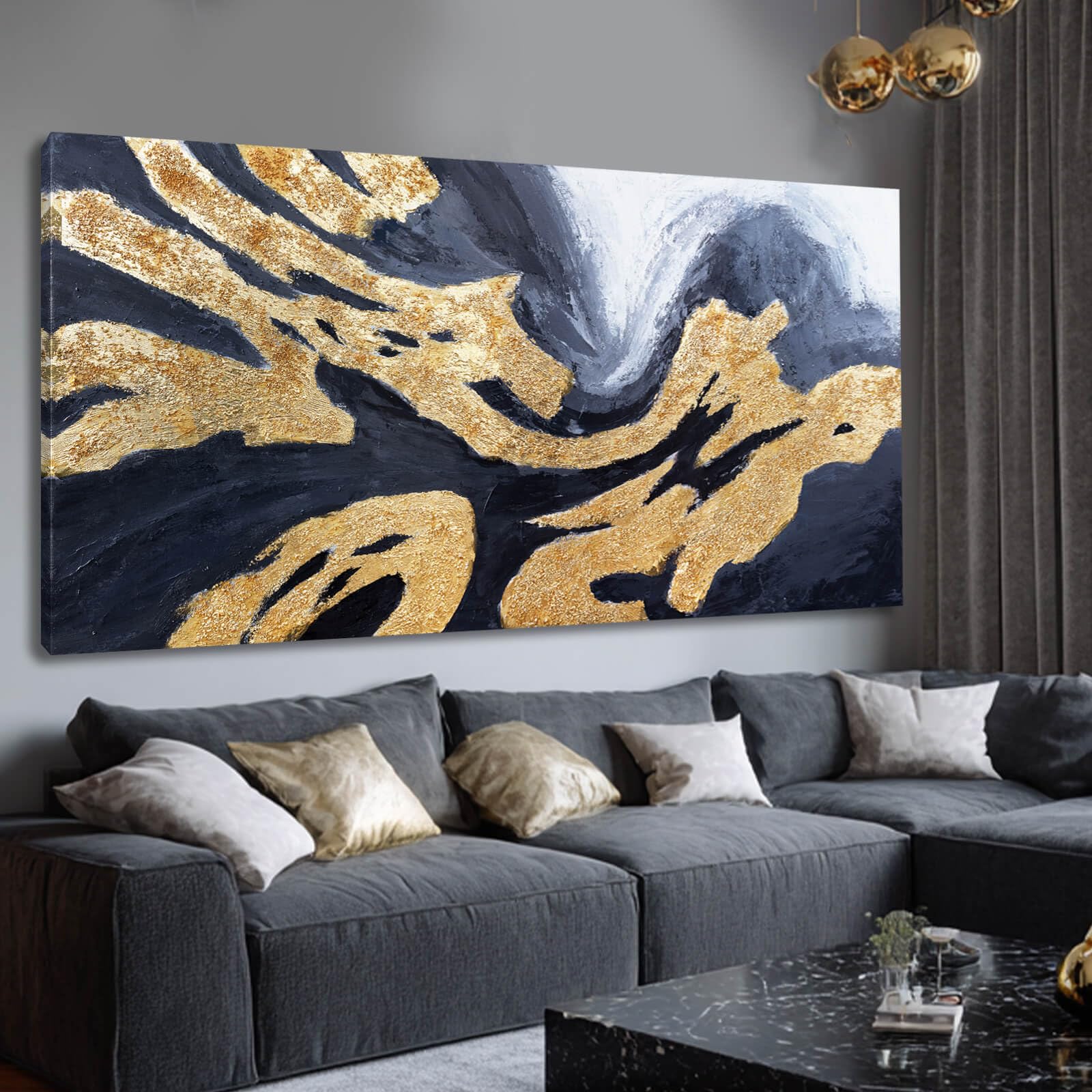 Kureful Abstract Wall Paintings Simple Canvas Wall Art Gold Wall Decor 29"x58" Large Pictures for Living Room Office Decorations