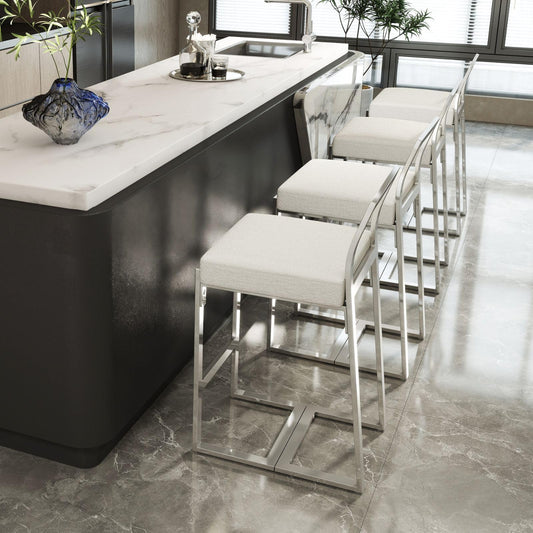 Counter Height Bar Stools Set of 4, 26" Cow Print Padded Barstools with Silver Chrome Metal Legs & Backrest, Armless Modern Kitchen Chairs