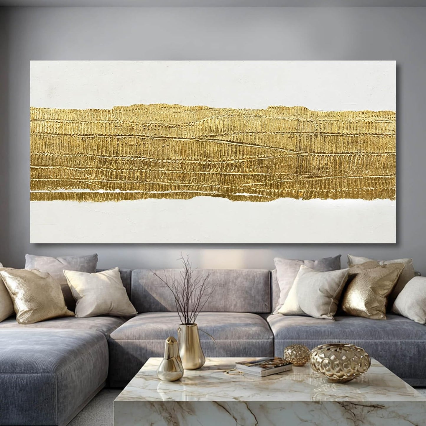 Kureful Abstract Wall Paintings Simple Canvas Wall Art Gold Wall Decor 29"x58" Large Pictures for Living Room Office Decorations
