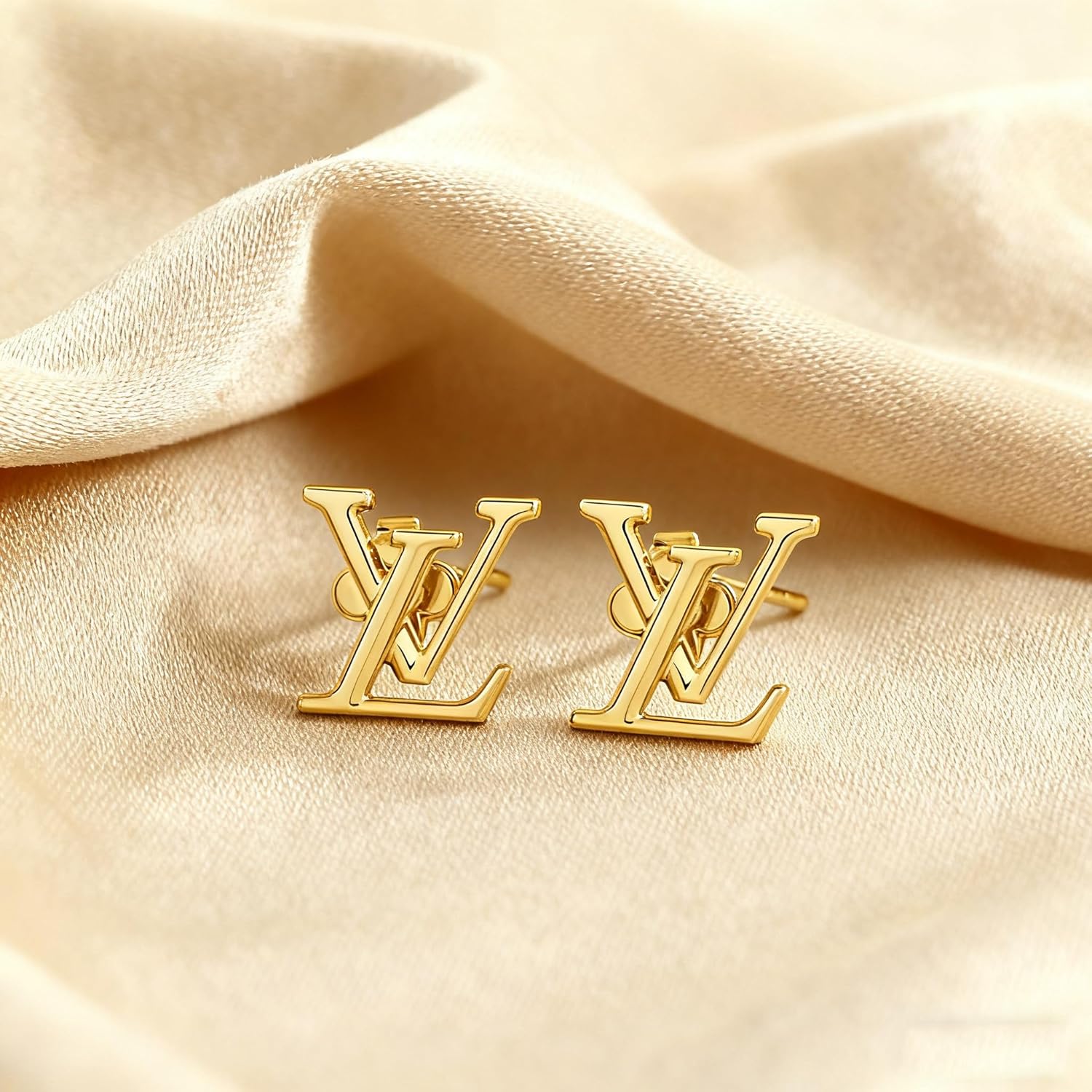 Stud Earrings, 18K Gold Plated, Classic Monogram Design, Fashion Jewelry for Women