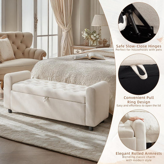 48" Ottoman with Storage, Tufted Storage Ottoman Bench, Convenient Living Room Fabrics Bench Seat, Entryway Shoe Benches with Inner Zipper & Arm, Rivetless Upholstered Window Seat Ottomans, Beige