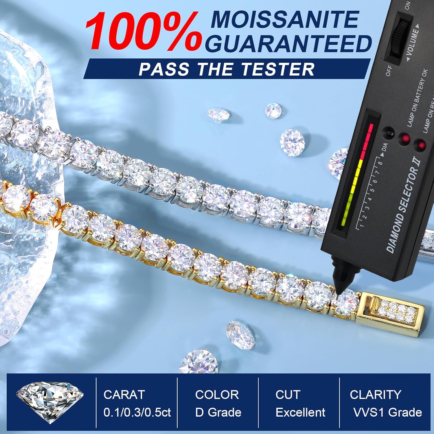 TUHE Moissanite Tennis Bracelet for Women Men 1.92-2.52Carats Moissanite Bracelet 18K White/Yellow Gold Plated 925 Sterling Silver Bracelets 2MM D Color VVS1 Round Brilliant Cut Bracelets 6.5-8.5Inch