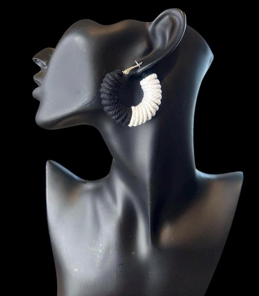 29| Black and White Hoop Earrings – Modern Contrast Statement Earring, Macrame Cord