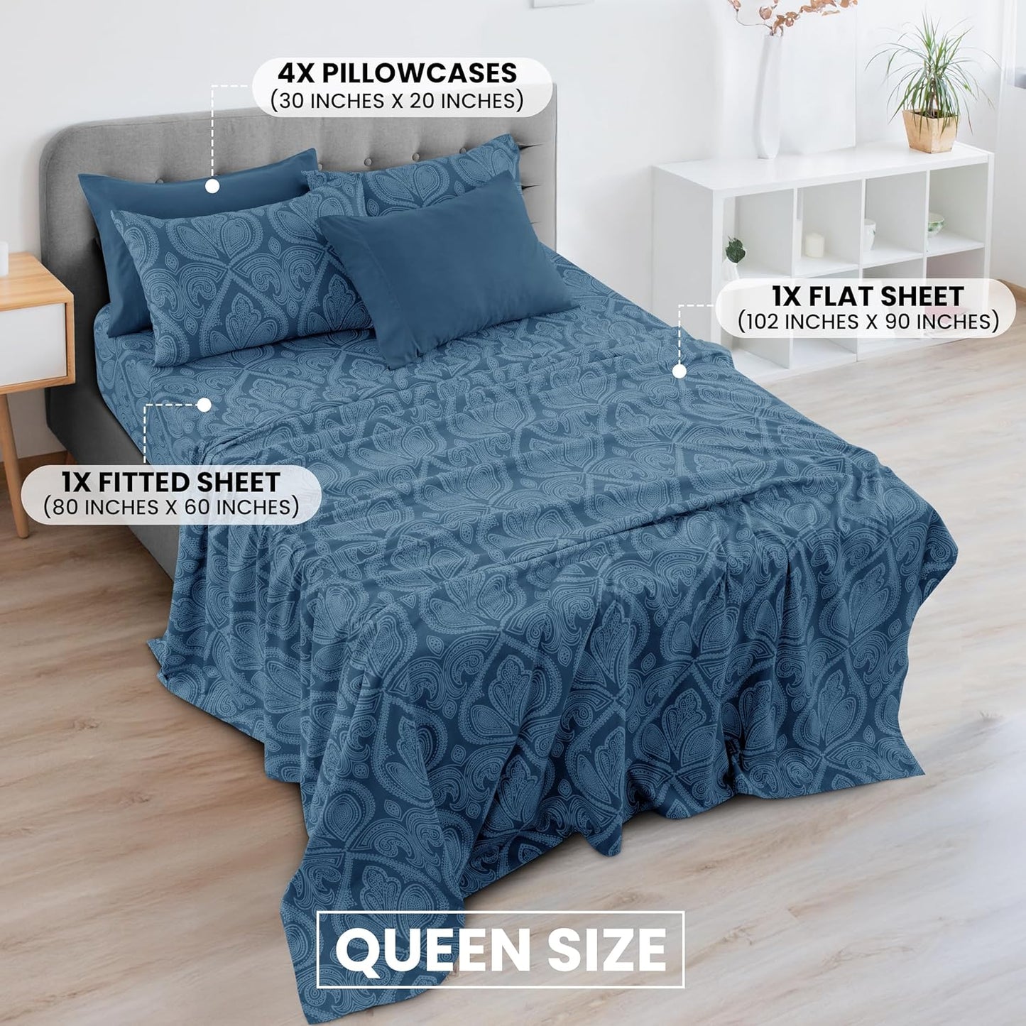 LUX Décor Paisley Queen Sheet Set – 6 Piece Ultra-Soft Microfiber Bed Sheets with Flat Sheet, 16 Inches Deep Pocket Fitted Sheet & 4 Pillowcases, Breathable, Bedroom Decor, Oeko-Tex – Navy Blue