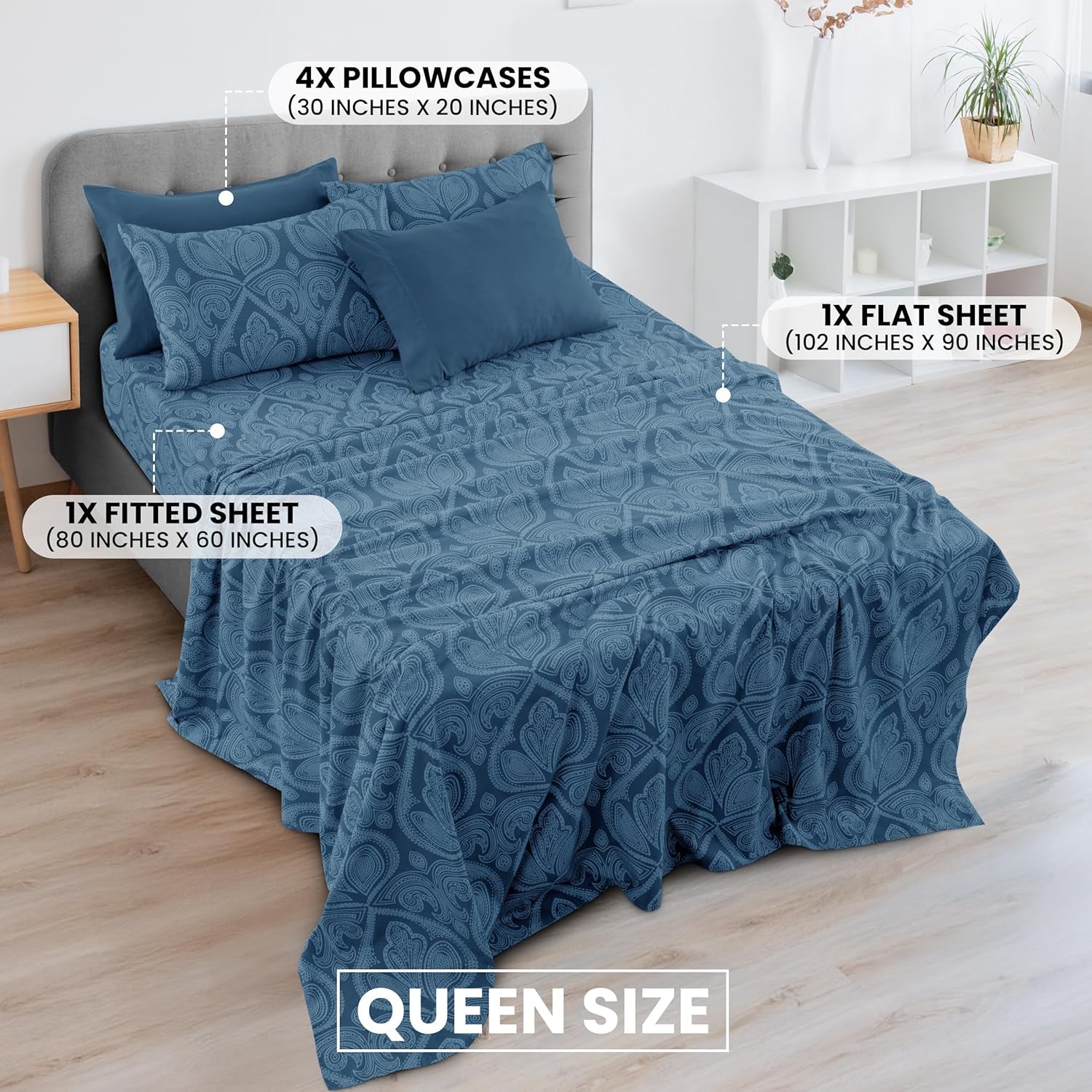 LUX Décor Paisley Queen Sheet Set – 6 Piece Ultra-Soft Microfiber Bed Sheets with Flat Sheet, 16 Inches Deep Pocket Fitted Sheet & 4 Pillowcases, Breathable, Bedroom Decor, Oeko-Tex – Navy Blue