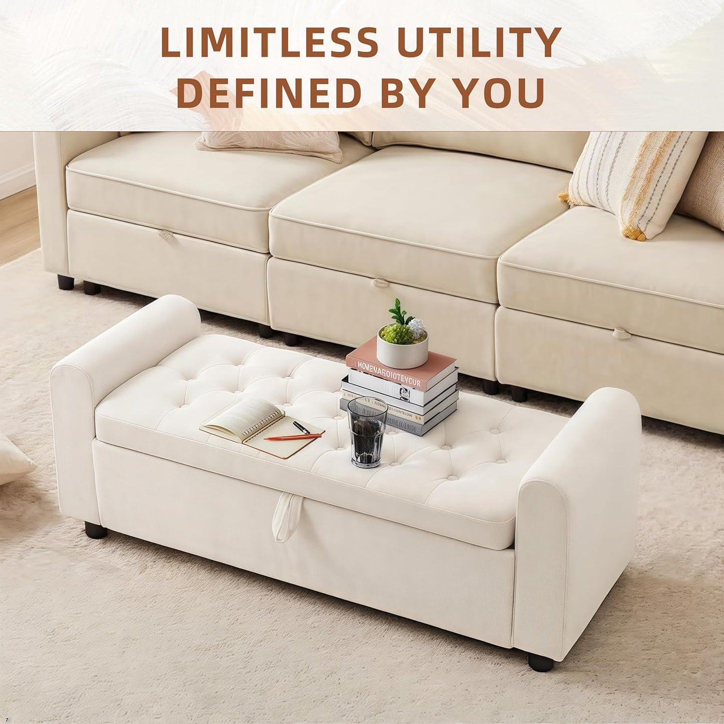 48" Ottoman with Storage, Tufted Storage Ottoman Bench, Convenient Living Room Fabrics Bench Seat, Entryway Shoe Benches with Inner Zipper & Arm, Rivetless Upholstered Window Seat Ottomans, Beige