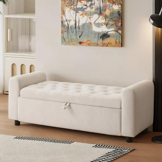 48" Ottoman with Storage, Tufted Storage Ottoman Bench, Convenient Living Room Fabrics Bench Seat, Entryway Shoe Benches with Inner Zipper & Arm, Rivetless Upholstered Window Seat Ottomans, Beige