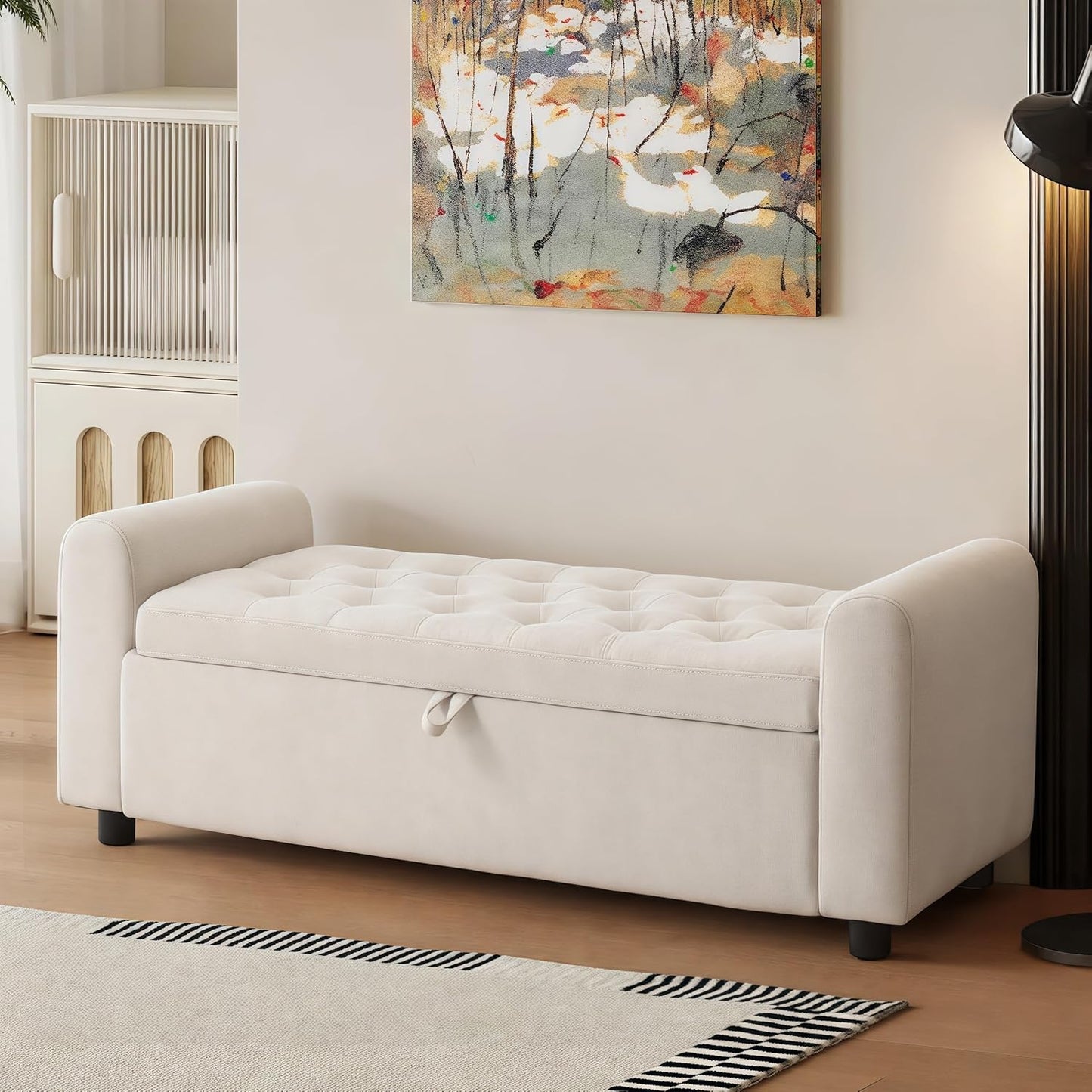 48" Ottoman with Storage, Tufted Storage Ottoman Bench, Convenient Living Room Fabrics Bench Seat, Entryway Shoe Benches with Inner Zipper & Arm, Rivetless Upholstered Window Seat Ottomans, Beige