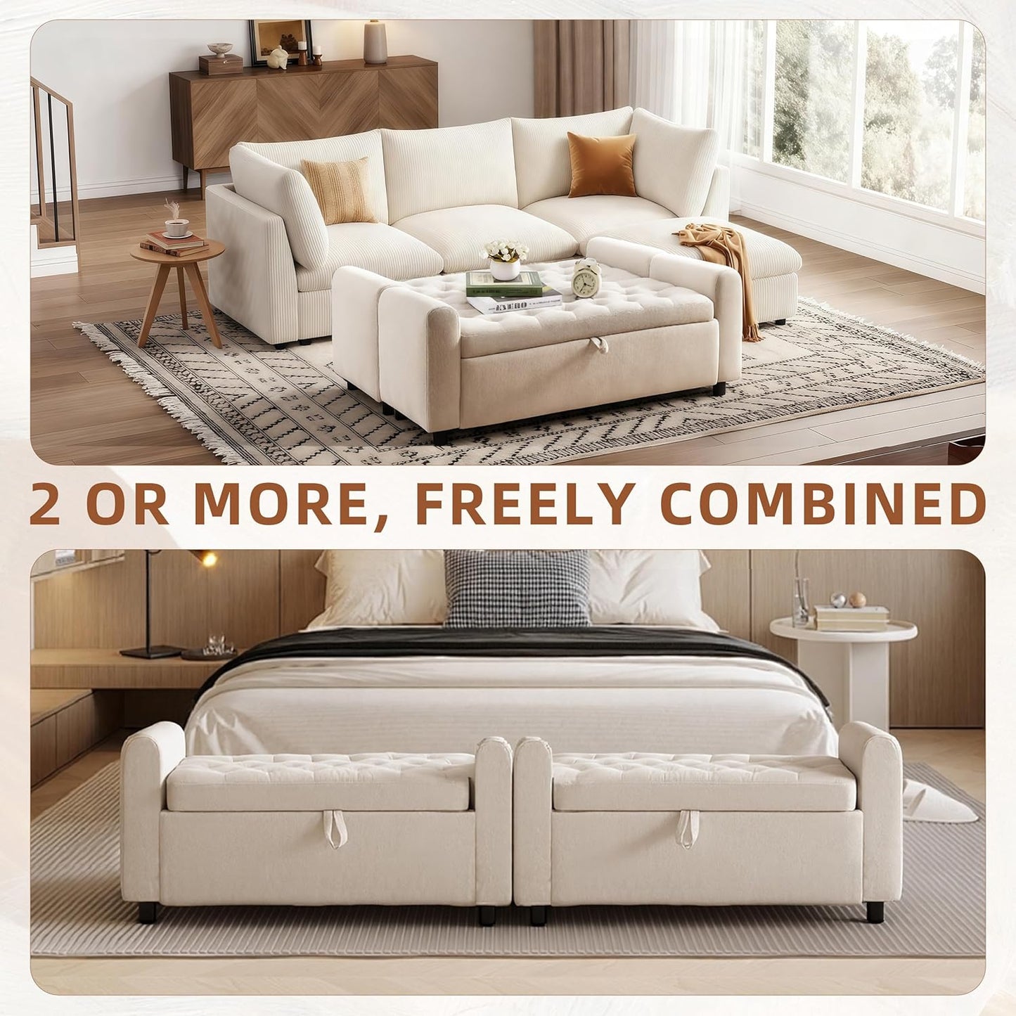 48" Ottoman with Storage, Tufted Storage Ottoman Bench, Convenient Living Room Fabrics Bench Seat, Entryway Shoe Benches with Inner Zipper & Arm, Rivetless Upholstered Window Seat Ottomans, Beige