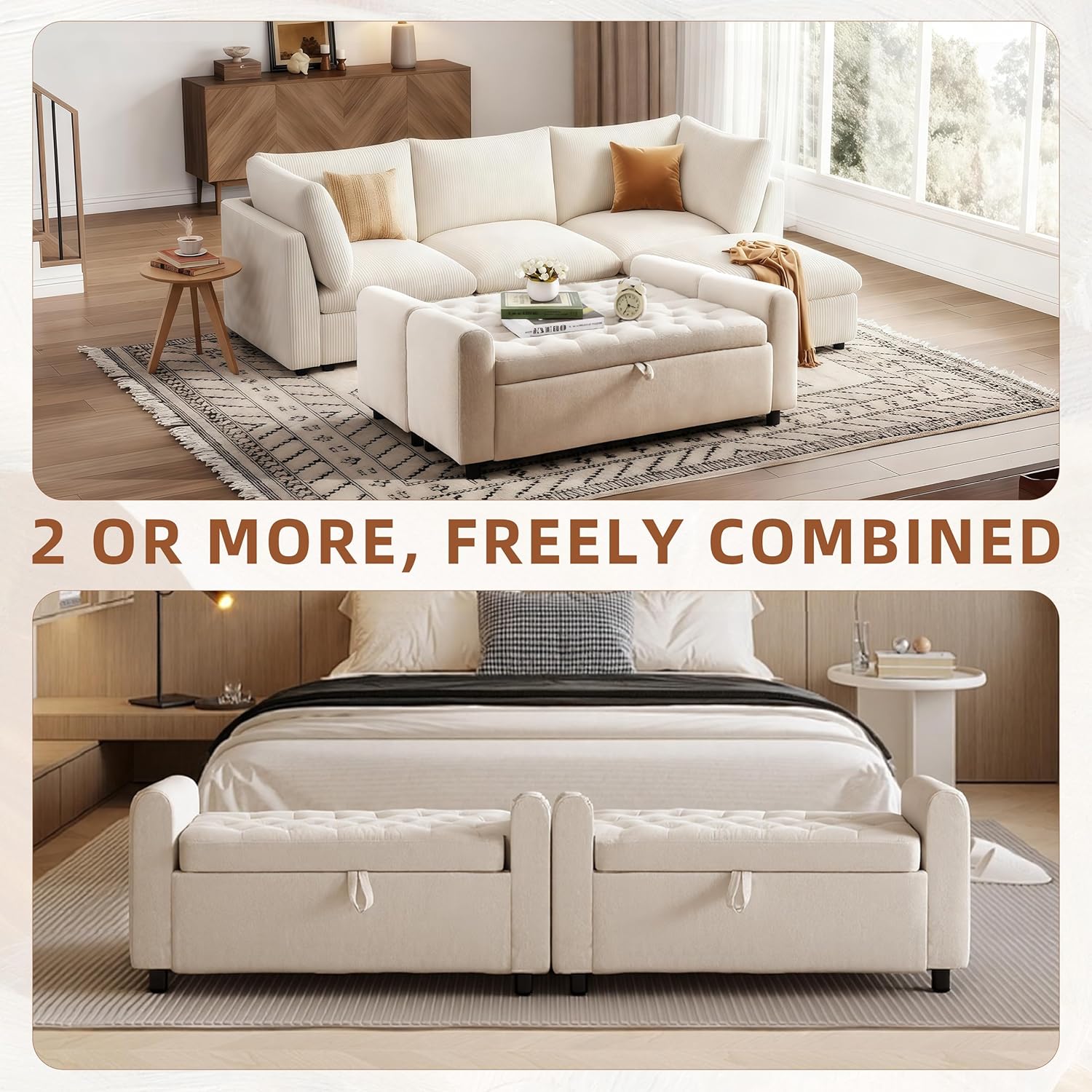 48" Ottoman with Storage, Tufted Storage Ottoman Bench, Convenient Living Room Fabrics Bench Seat, Entryway Shoe Benches with Inner Zipper & Arm, Rivetless Upholstered Window Seat Ottomans, Beige