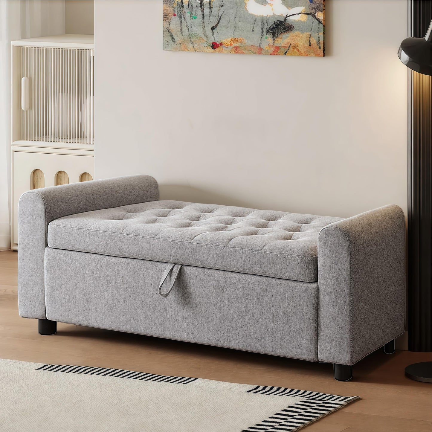 48" Ottoman with Storage, Tufted Storage Ottoman Bench, Convenient Living Room Fabrics Bench Seat, Entryway Shoe Benches with Inner Zipper & Arm, Rivetless Upholstered Window Seat Ottomans, Beige