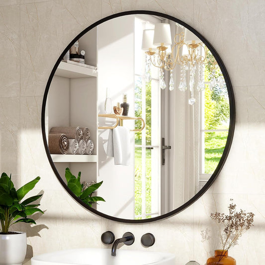 30 Inch Matte Black Round Wall Mirror Bathroom Decor-0