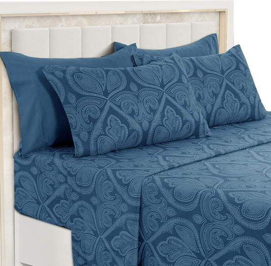 LUX Décor Paisley Queen Sheet Set – 6 Piece Ultra-Soft Microfiber Bed Sheets with Flat Sheet, 16 Inches Deep Pocket Fitted Sheet & 4 Pillowcases, Breathable, Bedroom Decor, Oeko-Tex – Navy Blue