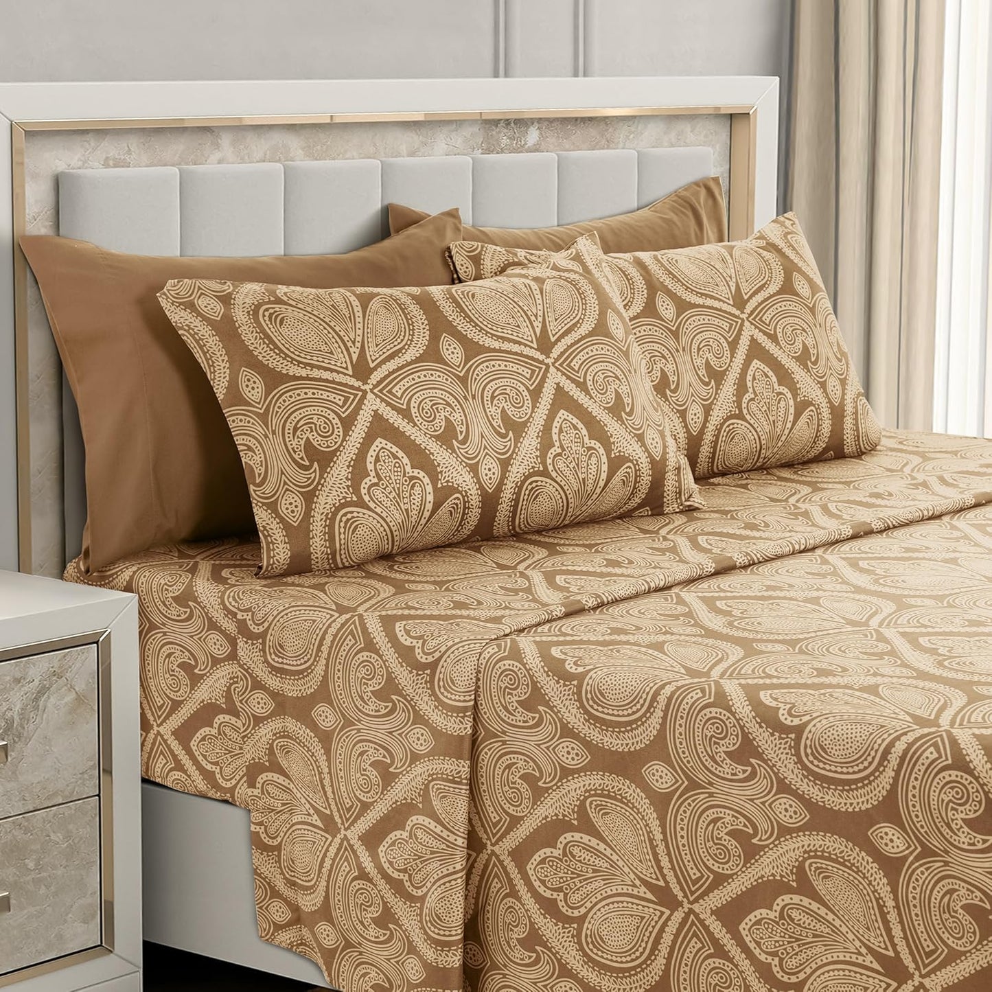 LUX Décor Paisley Queen Sheet Set – 6 Piece Ultra-Soft Microfiber Bed Sheets with Flat Sheet, 16 Inches Deep Pocket Fitted Sheet & 4 Pillowcases, Breathable, Bedroom Decor, Oeko-Tex – Navy Blue