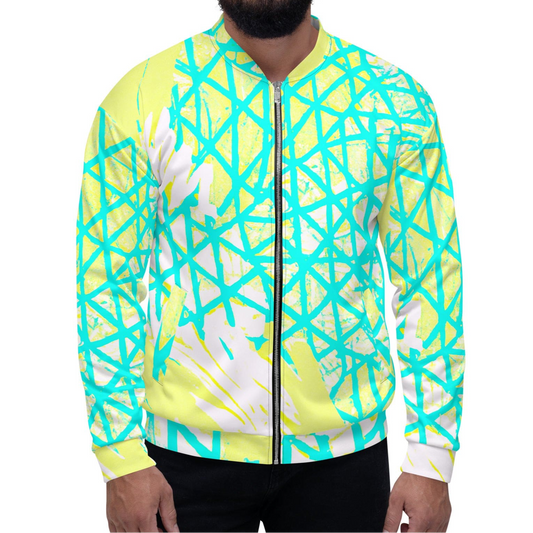 Mens Bomber Jacket - Cyan Blue Lime Green and White Pattern