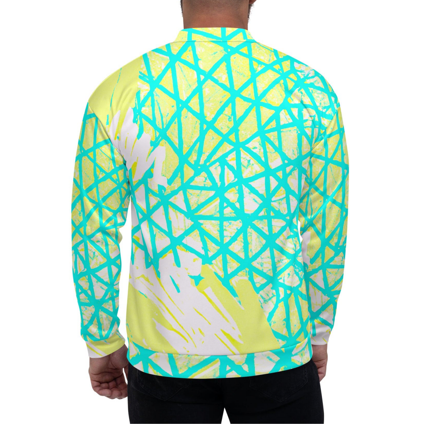 Mens Bomber Jacket - Cyan Blue Lime Green and White Pattern