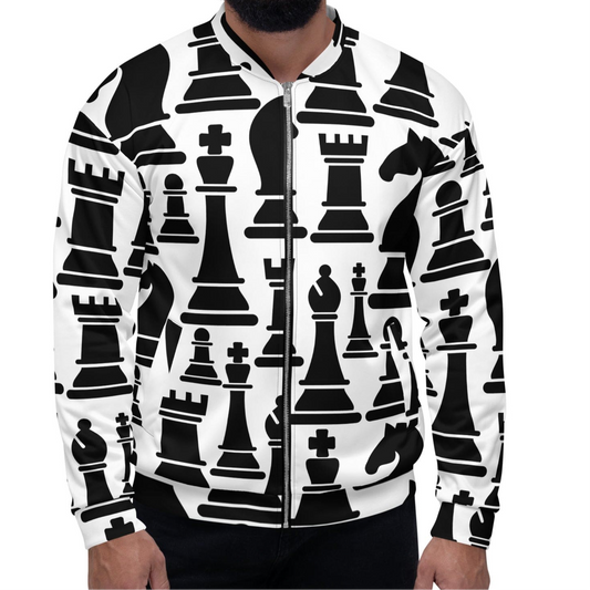 Mens Bomber Jacket - Black and White Chess Print