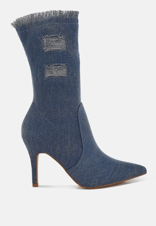Himkok Distressed Denim Mid-Calf Boots-0