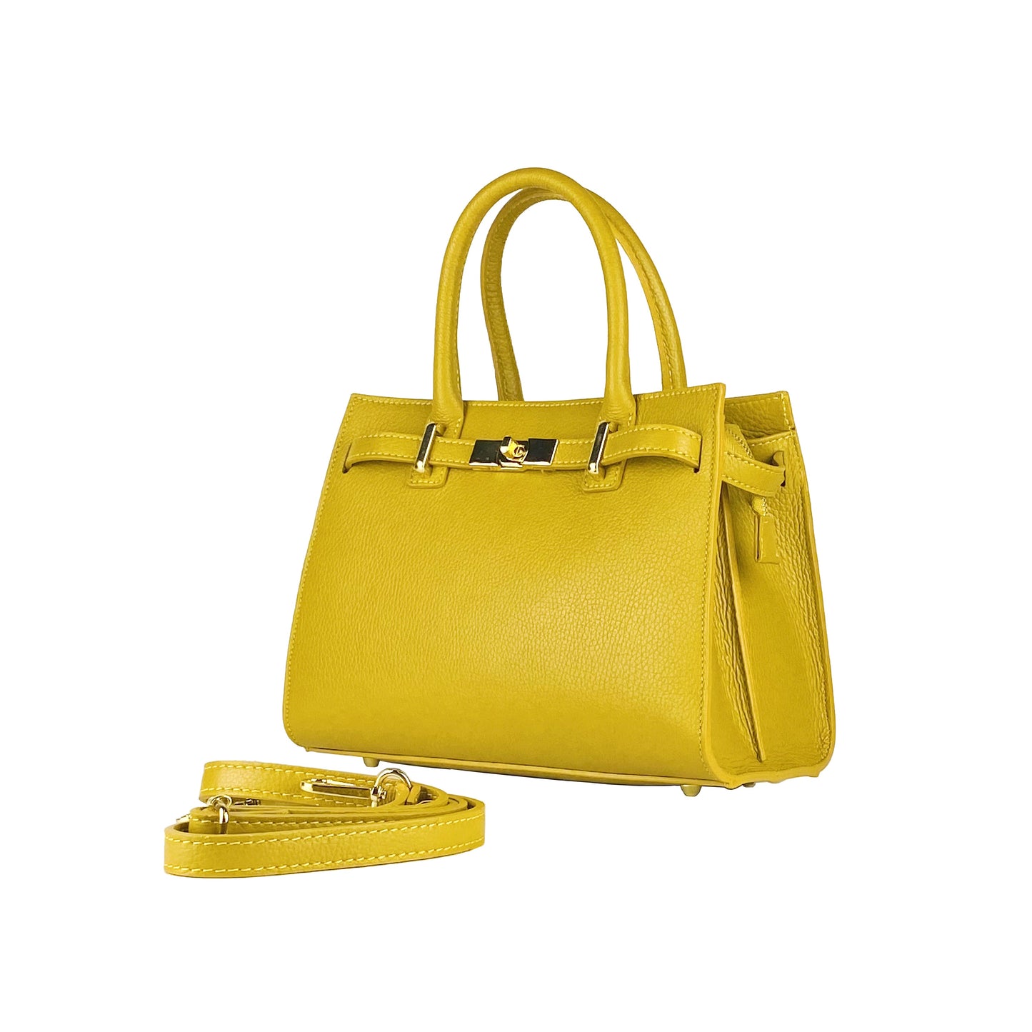 RB1016AR | Women's Genuine Leather Handbag Made in Italy with Removable Shoulder Strap. Attachments with Shiny Gold Metal Snap Hooks - Mustard Color - Dimensions: 28 x 20 x 14 + 12.5 cm-0