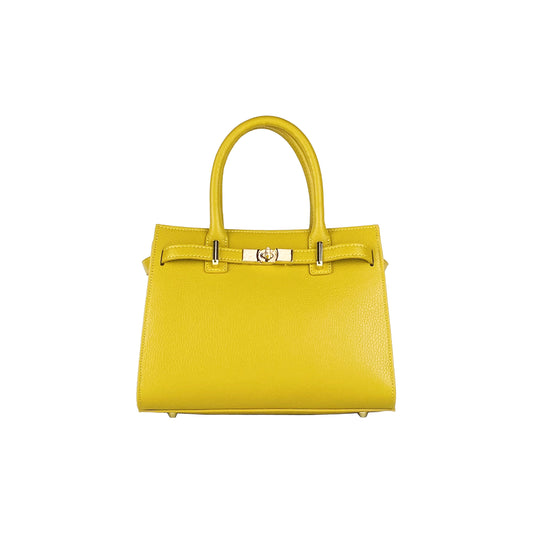 RB1016AR | Women's Genuine Leather Handbag Made in Italy with Removable Shoulder Strap. Attachments with Shiny Gold Metal Snap Hooks - Mustard Color - Dimensions: 28 x 20 x 14 + 12.5 cm-2