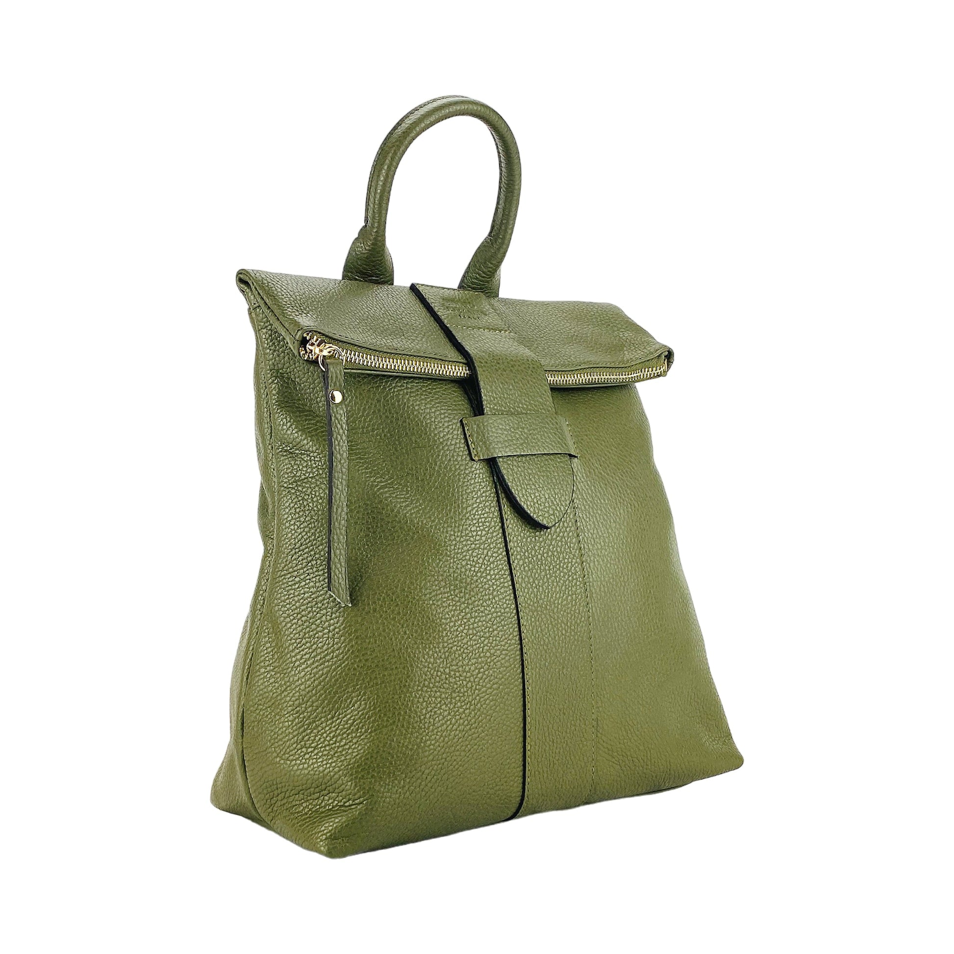 RB1021E | Zaino Donna Morbido in Vera Pelle Made in Italy con Spallacci regolabili. Chiusura lampo e Accessori in metallo Oro Lucido - Colore Verde - Dimensioni: cm 30 x 34 x 10,5-0