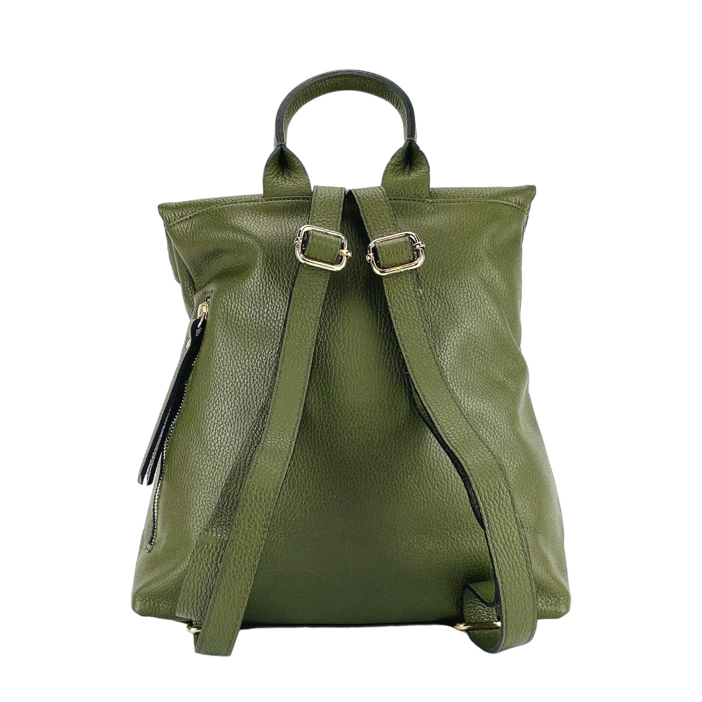 RB1021E | Zaino Donna Morbido in Vera Pelle Made in Italy con Spallacci regolabili. Chiusura lampo e Accessori in metallo Oro Lucido - Colore Verde - Dimensioni: cm 30 x 34 x 10,5-4