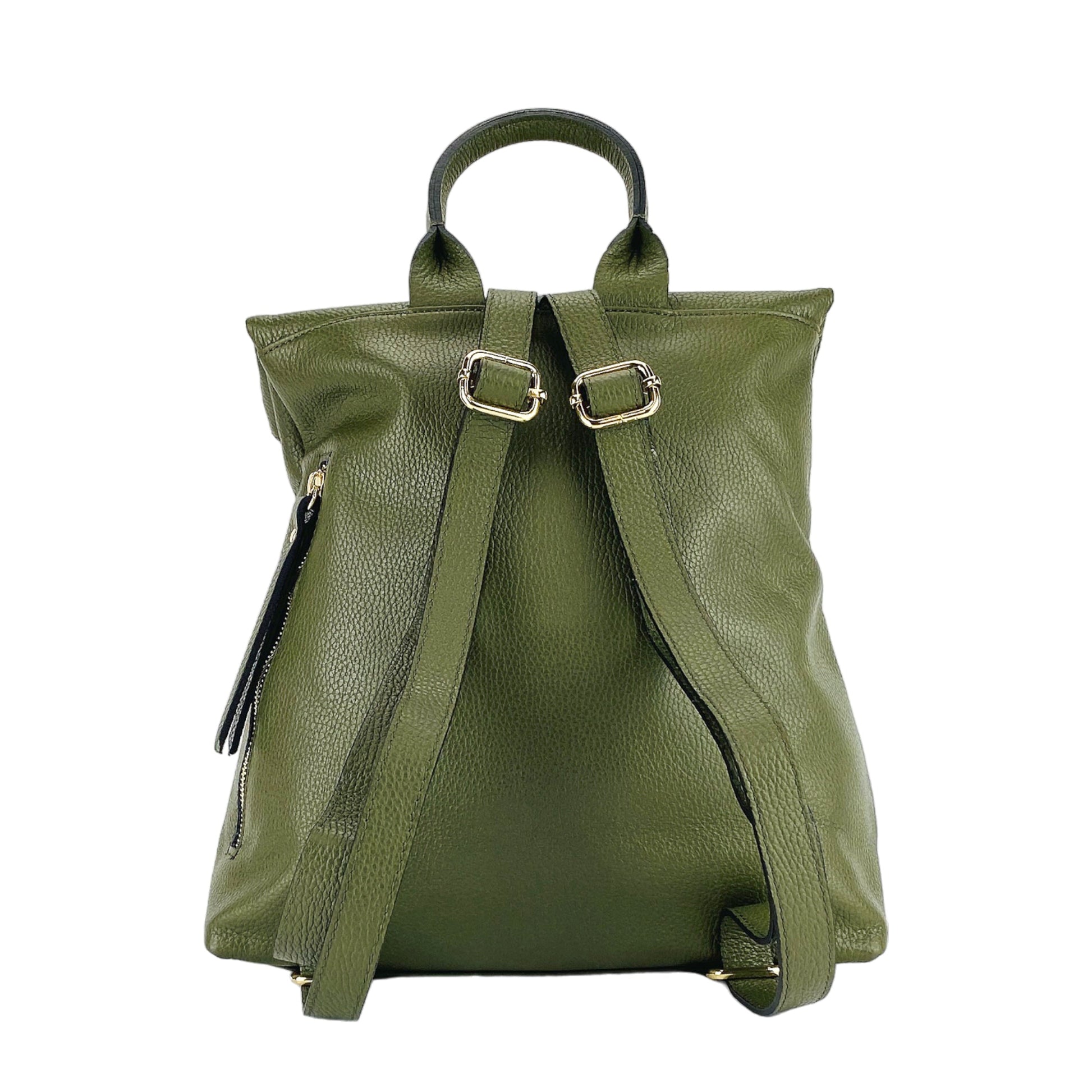 RB1021E | Zaino Donna Morbido in Vera Pelle Made in Italy con Spallacci regolabili. Chiusura lampo e Accessori in metallo Oro Lucido - Colore Verde - Dimensioni: cm 30 x 34 x 10,5-4
