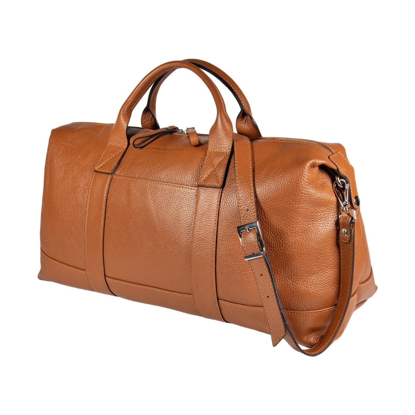RB1029S | Made in Italy Genuine Leather Travel Duffle Bag with Adjustable and Removable Shoulder Strap. Zipper Closure and Shiny Nickel Metal Accessories - Cognac Color - Dimensions: cm 57 x 26 x 24-0