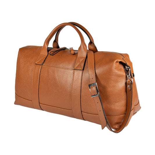 RB1029S | Made in Italy Genuine Leather Travel Duffle Bag with Adjustable and Removable Shoulder Strap. Zipper Closure and Shiny Nickel Metal Accessories - Cognac Color - Dimensions: cm 57 x 26 x 24-0