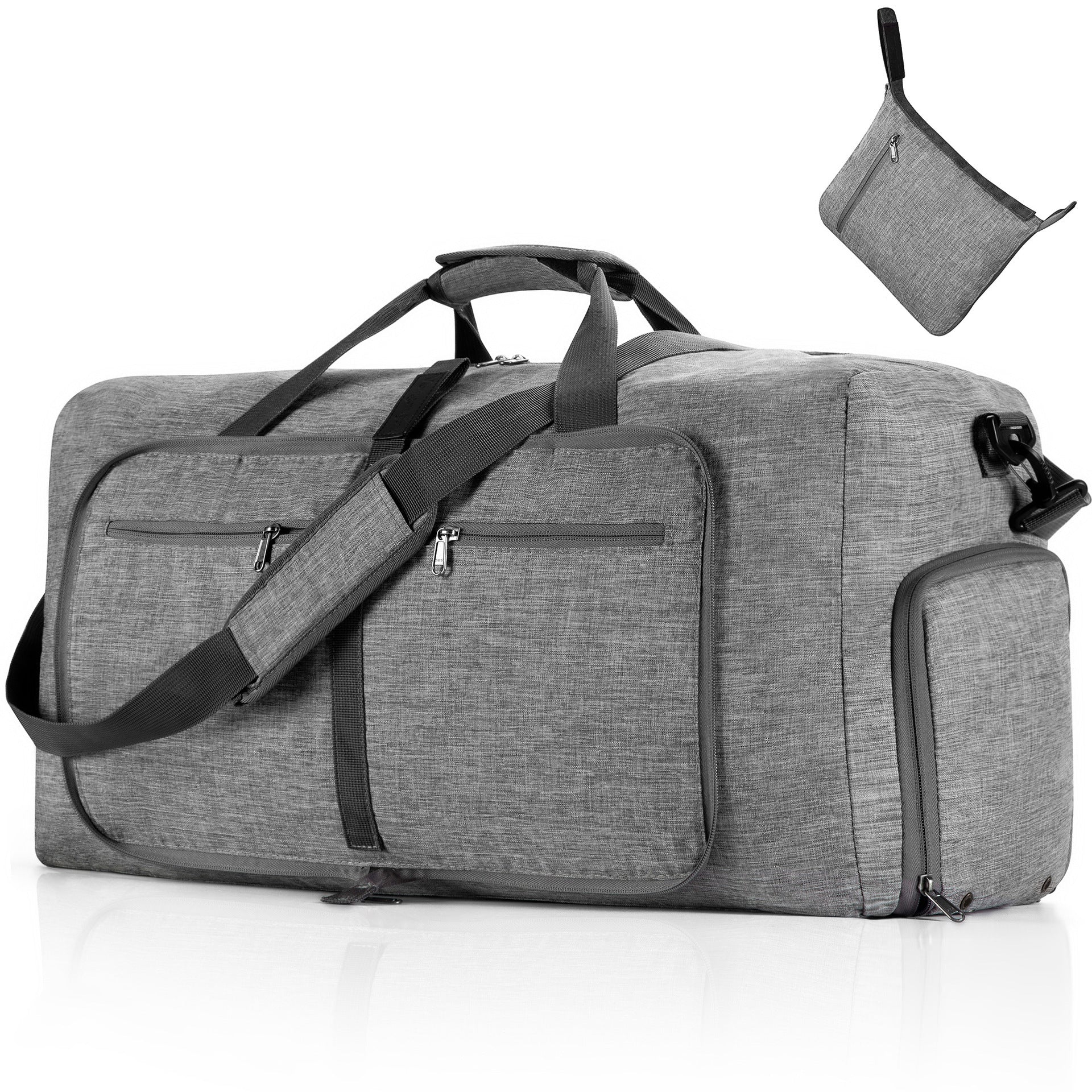 NNEDSZ Grey Large Foldable Travel Duffel Bag with Shoe Compartment and Carry Pouch - Lightweight, Durable, and Spacious-0