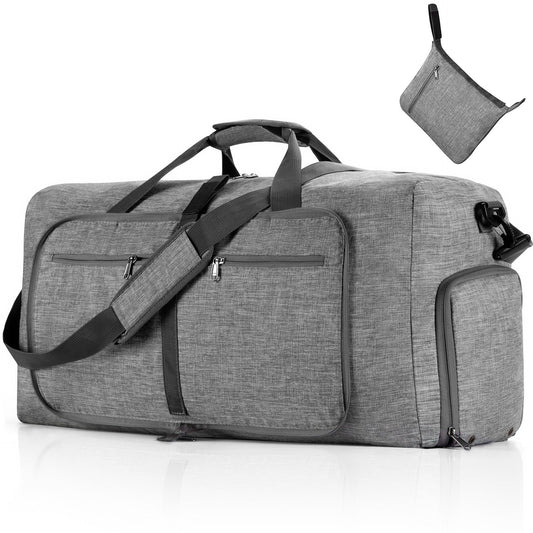 NNEDSZ Grey Large Foldable Travel Duffel Bag with Shoe Compartment and Carry Pouch - Lightweight, Durable, and Spacious-0