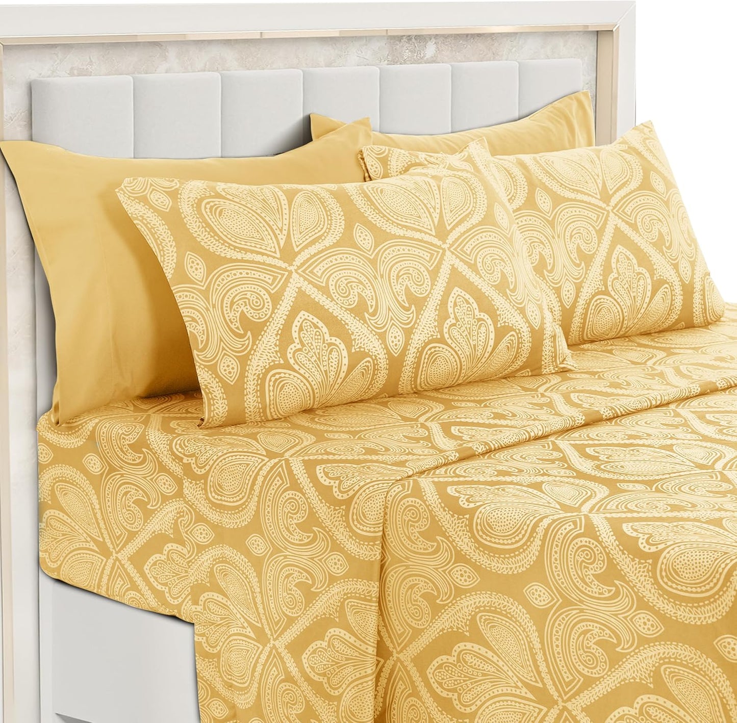 LUX Décor Paisley Queen Sheet Set – 6 Piece Ultra-Soft Microfiber Bed Sheets with Flat Sheet, 16 Inches Deep Pocket Fitted Sheet & 4 Pillowcases, Breathable, Bedroom Decor, Oeko-Tex – Navy Blue