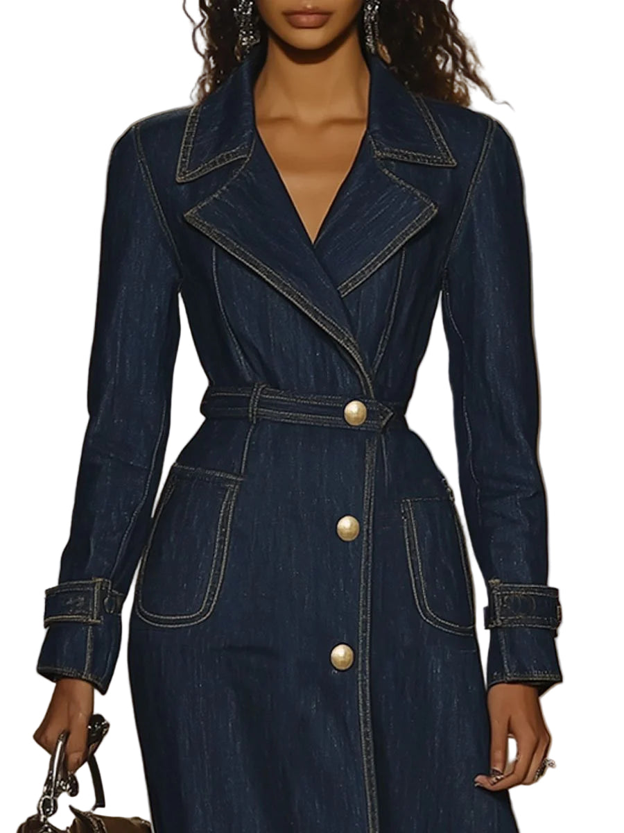 【24-Hour Shipping Out】Casual Retro Pocket Denim Long Sleeve Dress Style Trench Coat