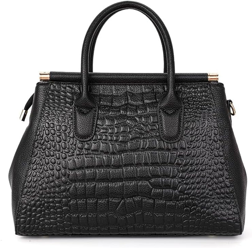 Genuine Leather Crocodile Print Handbag - Large Capacity, Detachable Strap, Color-Blocked, Women'S Cross-Body Tote