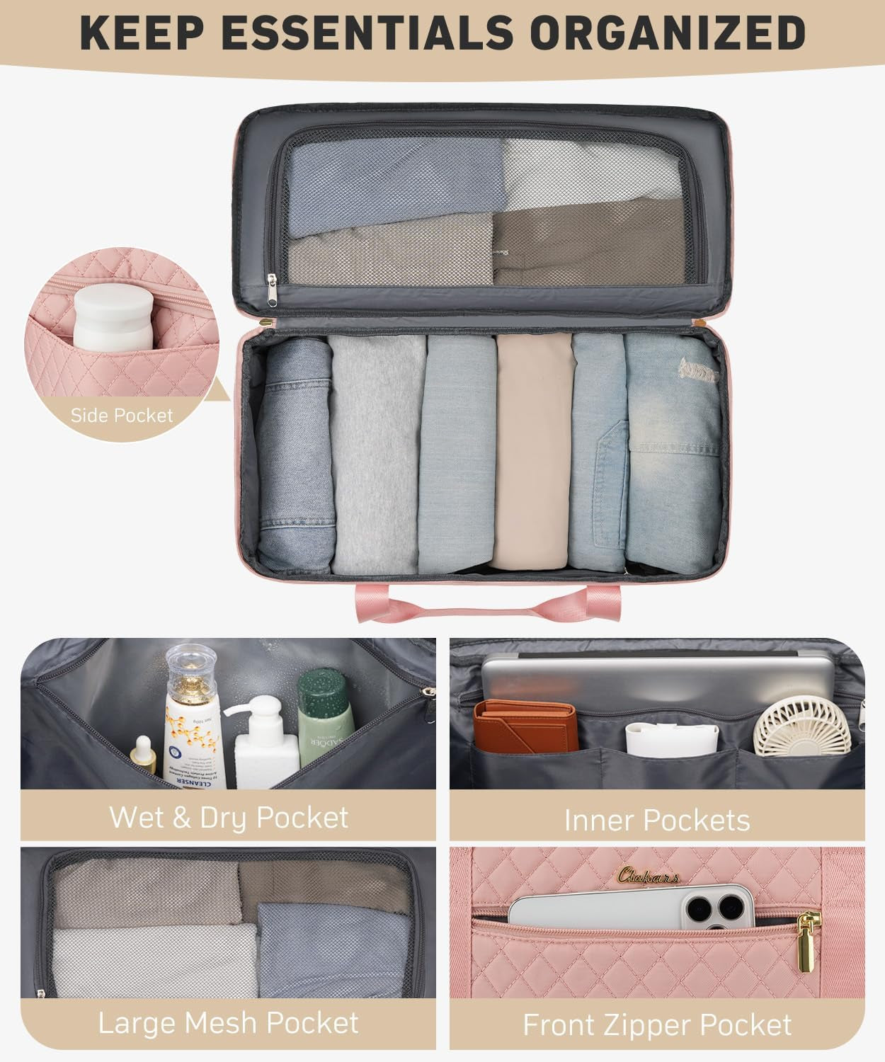 Weekender Bags for Women, Wide Open Large Travel Duffle Bag with Shoe Compartment, Overnight Hospital Bag for Women Labor Delivery, Carry on Bag Personal Item Travel Bag with Wet Pocket (Pink)