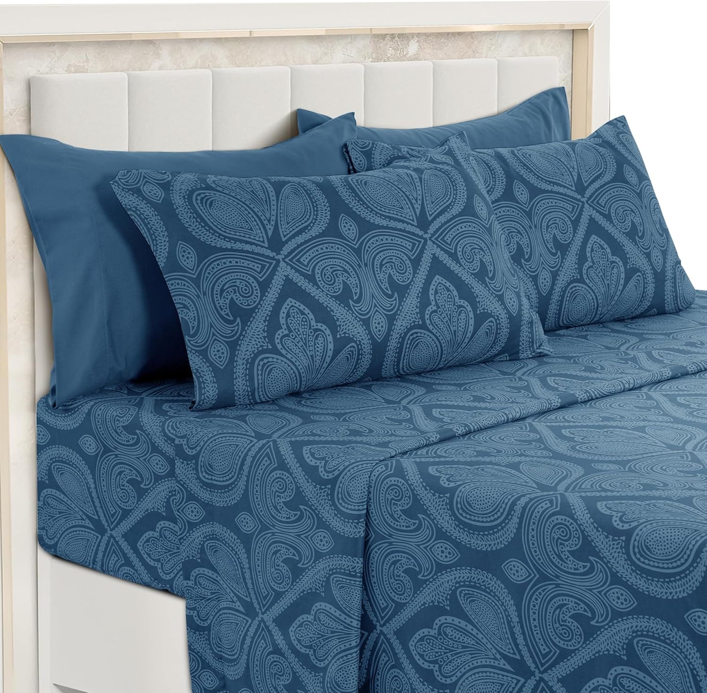 LUX Décor Paisley Queen Sheet Set – 6 Piece Ultra-Soft Microfiber Bed Sheets with Flat Sheet, 16 Inches Deep Pocket Fitted Sheet & 4 Pillowcases, Breathable, Bedroom Decor, Oeko-Tex – Navy Blue