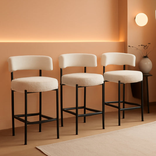 Boucle Bar Stools Set of 3, 24" Modern Counter Stools with Backs, White Upholstered Barstools for Kitchen Island, Bar, Cafe-0