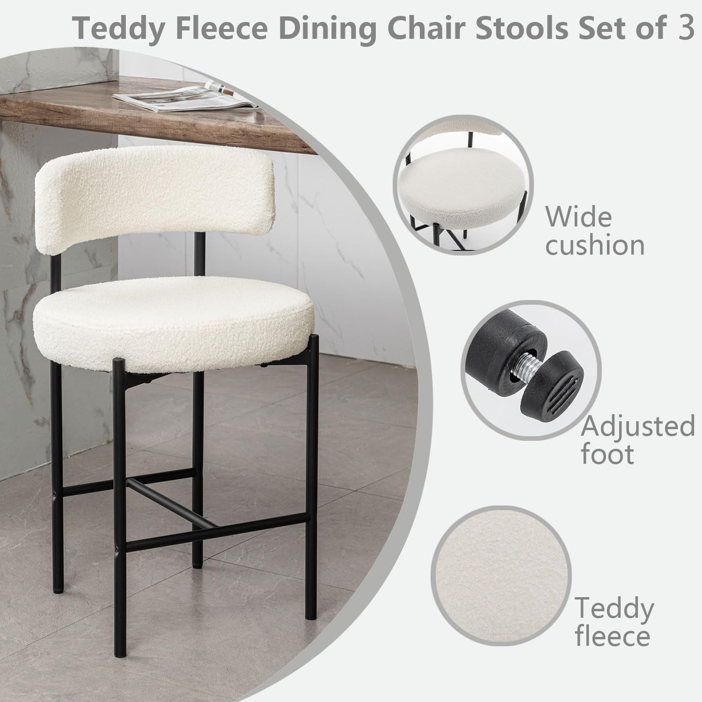 Boucle Bar Stools Set of 3, 24" Modern Counter Stools with Backs, White Upholstered Barstools for Kitchen Island, Bar, Cafe-2