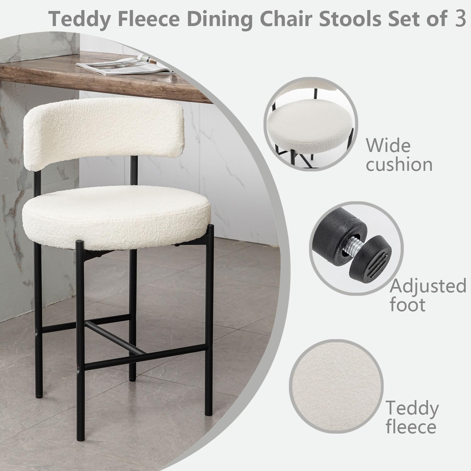 Boucle Bar Stools Set of 3, 24" Modern Counter Stools with Backs, White Upholstered Barstools for Kitchen Island, Bar, Cafe-2